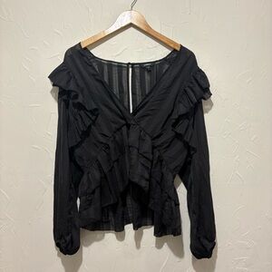 Express black ruffle detail v-neck long sleeve blouse (XL)